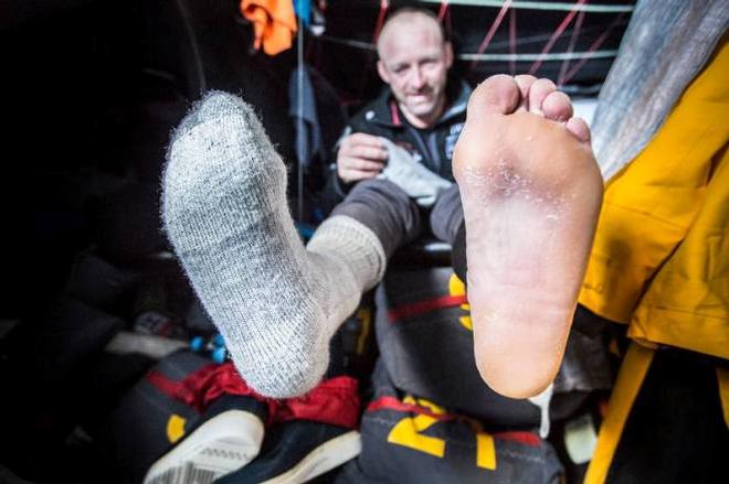 Oboard Abu Dhabi Ocean Racing - After two weeks in the Southern Atlantic, if you're feet are dry you're in good shape. Justin Slattery shows how it's done - Leg five to Itajai -  Volvo Ocean Race 2015 © Matt Knighton/Abu Dhabi Ocean Racing